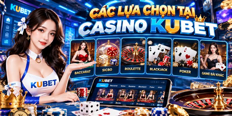Giao diện sảnh casino KUBET với nhiều khu vực bàn chơi được phân chia để người dùng dễ theo dõi.